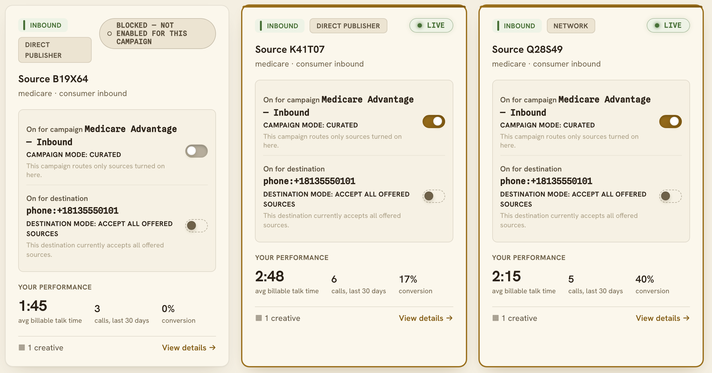 The buyer portal's campaign sources view: three source cards labeled Source B19X64, Source K41T07, and Source Q28S49, two marked live, each with campaign and destination routing toggles and per-source figures for billable talk time and calls in the last 30 days.