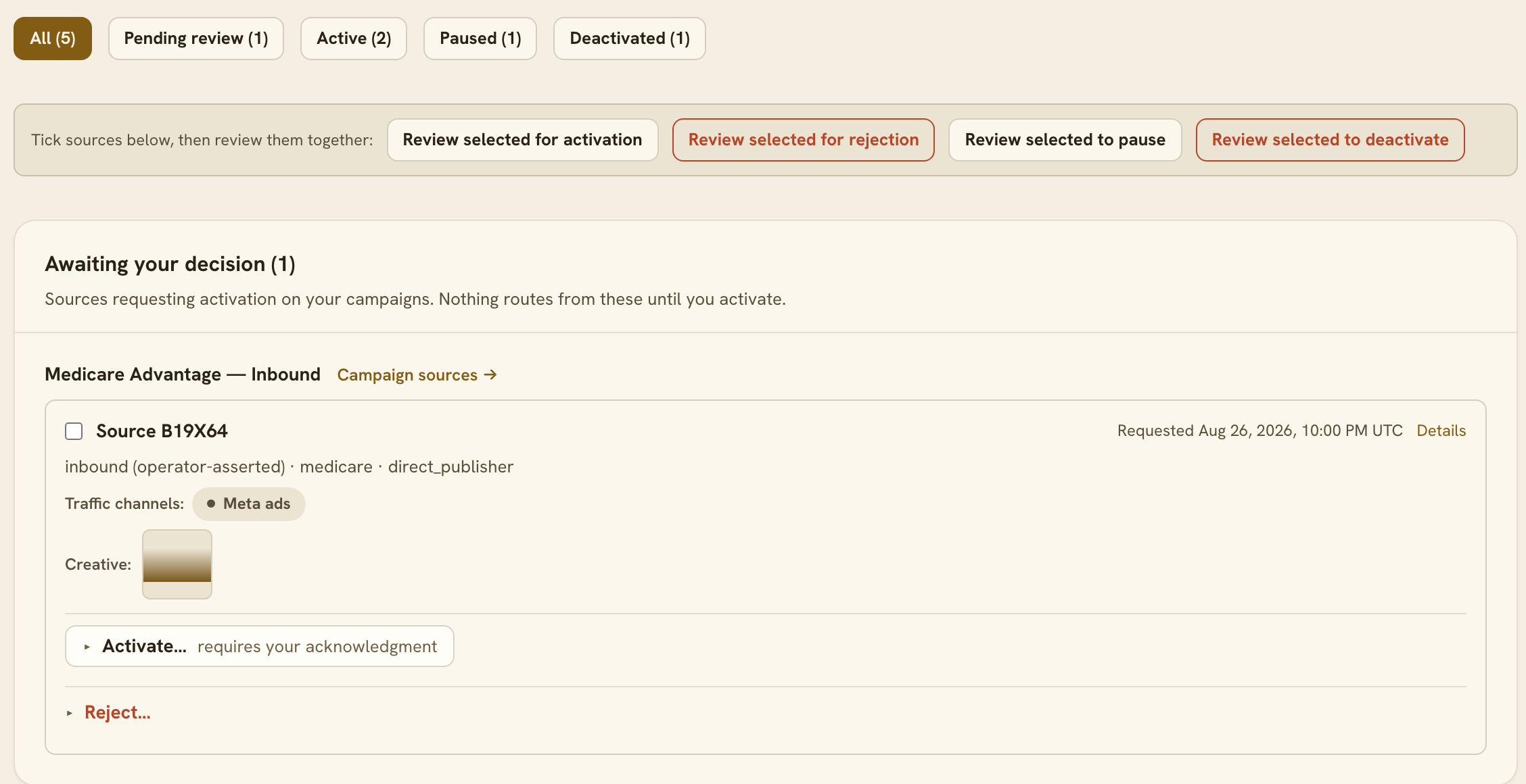 The buyer portal's source approvals queue: filter chips for pending, active, paused, and deactivated sources, batch review actions, and one source awaiting the buyer's decision with Activate and Reject controls.
